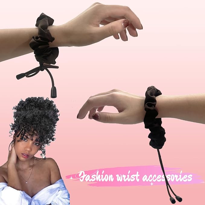 2pcs Adjustable Satin Hair Ties for Afro Puff, Dark Brown Hair Scrunchies, Adjustable Ponytails Holder Tie, Satin Extra Length Scrunchies, Reusable Accessories for Thick & Nature Style