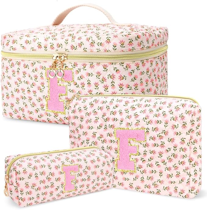 3 PCS Travel Makeup Bag Set, A–Z Initials Cotton Quilted Cosmetic Bag for Women & Preppy, Personalized Toiletry Bag Travel Accessories Makeup Brushes Organizer, Valentine’s Day & Birthday Gift for Her