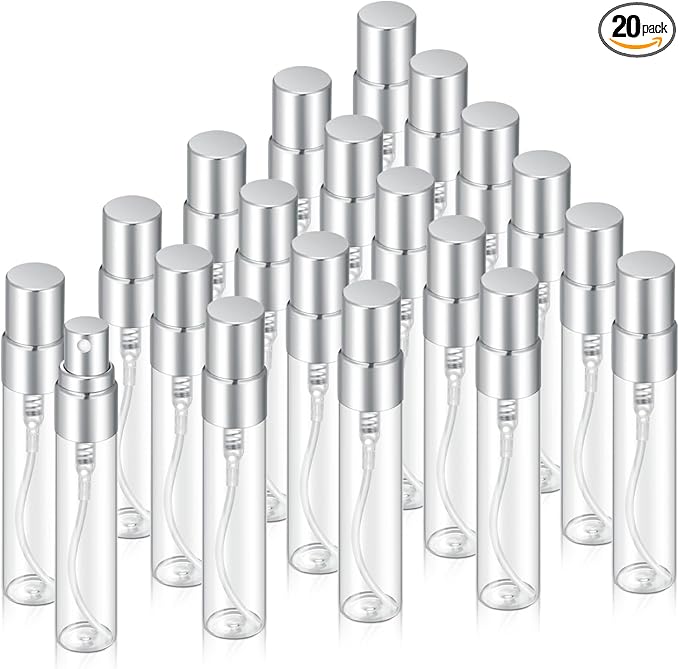 20Pcs 5ml Empty Clear Glass Mist Spray Bottle Refillable Mini Perfume Atomizer Travel Sample Bottle with Silver Aluminized Nozzle Makeup Container for Perfume (5ml Silver Caps)