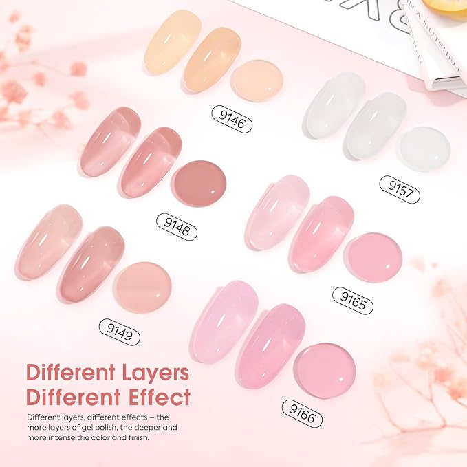 CANNI Jelly Milky White Pink Gel Nail Polish Set- 6 Pcs 9 Ml Neutral Transparent Pink Colors Sheer Gel Polish Kit, Soak Off LED Nail Gel Manicure Kit DIY at Home Salon Gifts
