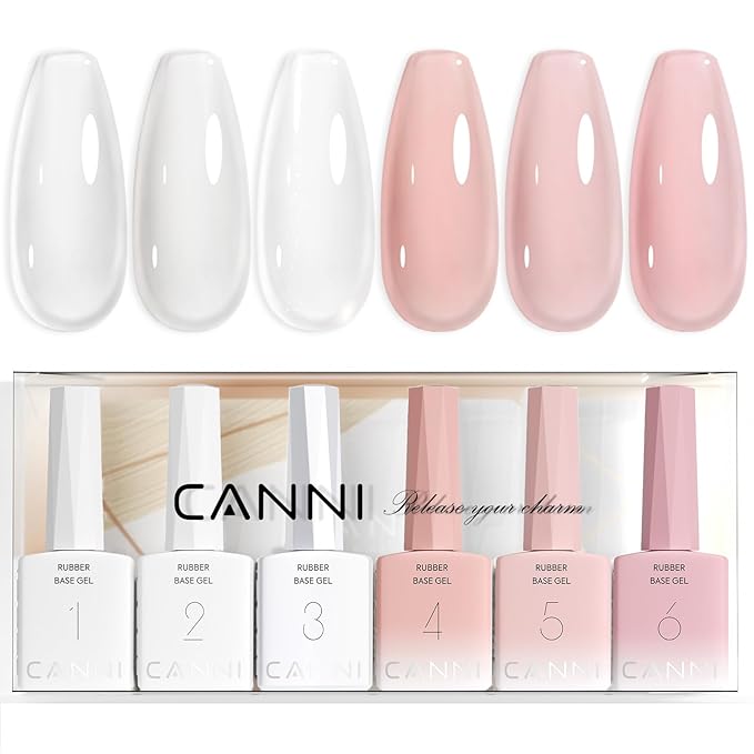 CANNI Rubber Base Gel Nail Polish Set- 6 Pcs 9 Ml Clear Milky White Neutral Nude Pink Colors Rubber Base for Nails, Soak Off LED Nail Gel Manicure Kit DIY at Home Salon Gifts