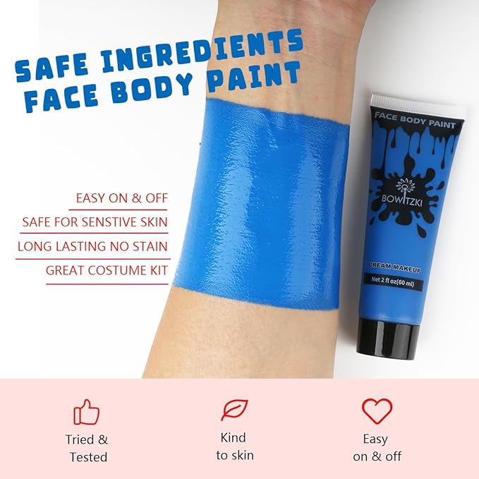 Bowitzki Face and Body Paint 2oz Cream Makeup 60ml Water Based Face Painting Special Effects For Adults Children Kids Halloween Christmas Party Stage Cosplay (Blue)