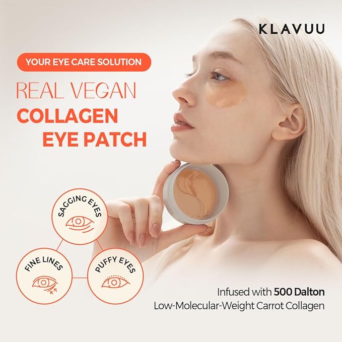 KLAVUU Vegan Collagen Eye Patches for Puffy Eyes & Dark Circles (60 Patches) – Hydrogel Under Eye Mask with Niacinamide – Fine Lines, Firming, Elasticity