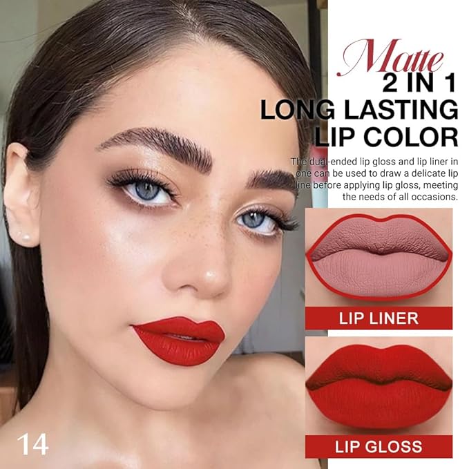 evpct 1Pcs Bright Fire Ruby Red Matte Lip Liner and Liquid Lipstick Stain Makeup Set for women, Red Long Lasting Smudge Proof Lipstick labiales matte mate larga duracion listip 24 hours originales,14#