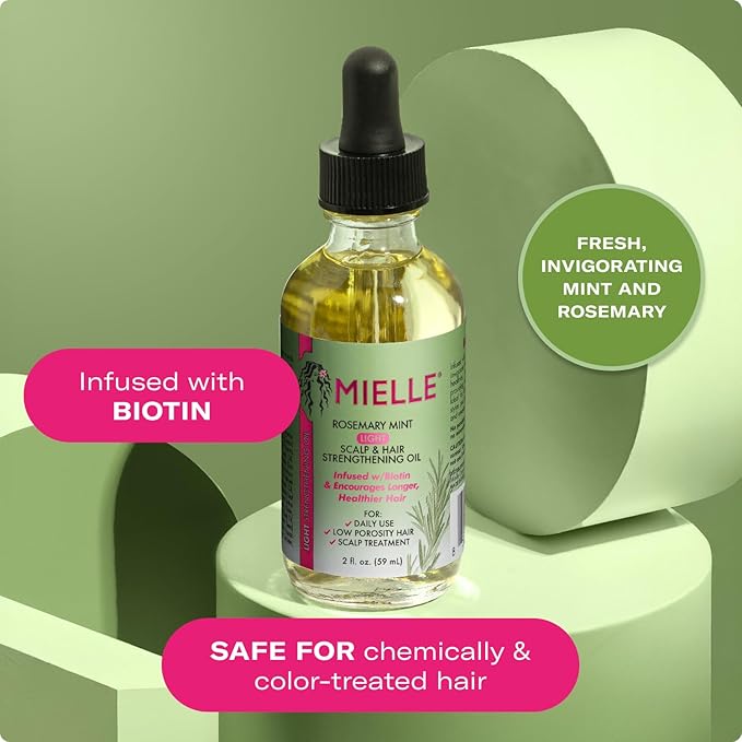 Mielle Organics Rosemary & Mint Light Hair Oil, Split Ends & Dry Scalp Treatment - Infused with Biotin & Essential Oils for Strengthening, Soothing, Moisturizing & Encouraging Longer Hair (2 Oz)