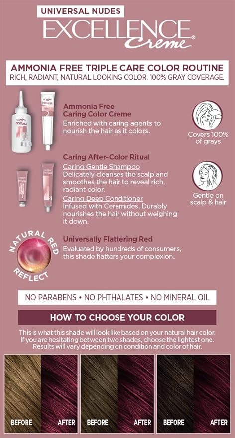 L’Oreal Paris Excellence Universal Nudes Permanent Hair Color, Ammonia Free Hair Dye for Gray Hair Coverage, 4NR Natural Dark Red, 1 Hair Dye Kit