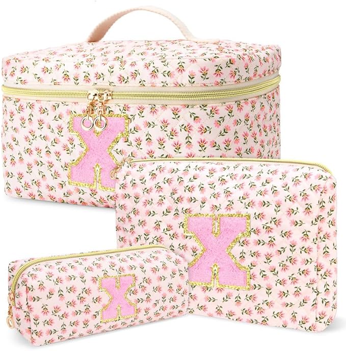 3 PCS Travel Makeup Bag Set, A–Z Initials Cotton Quilted Cosmetic Bag for Women & Preppy, Personalized Toiletry Bag Travel Accessories Makeup Brushes Organizer, Valentine’s Day & Birthday Gift for Her