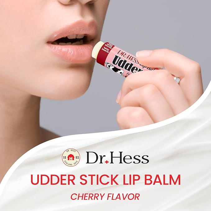 Dr. Hess Original Udder Stick SPF Lip Balm, Soothing Moisturizer Sun Screen Balm for Dry Lips with Jojoba, Beeswax & Shea Butter, Total Lip Care, Hydration & Repair, Cherry Flavor, 4 Pack