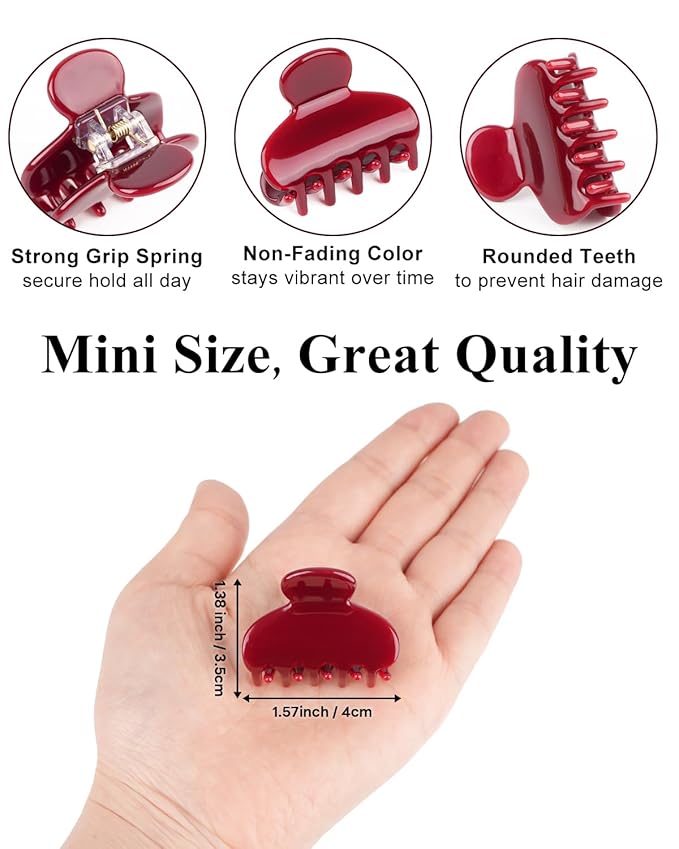 MAORULU 2 Pack Mini Acetate Hair Claw Clips – 1.6 Inch Small Durable Hair Clips for Women & Girls, Strong Hold Tiny Jaw Clips for Bangs & Half Up Hairstyles (Cherry Red)