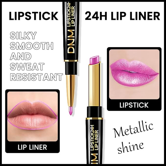 Kaely 2-in-1 Pink Metallic Shine Shimmer Lip Liner & Lipstick Combo Set Kit for Women, Lightweight Hydrating Formula High Impact Full Coverage Lipstick and Lip Liner Makeup Stains Gloss 19