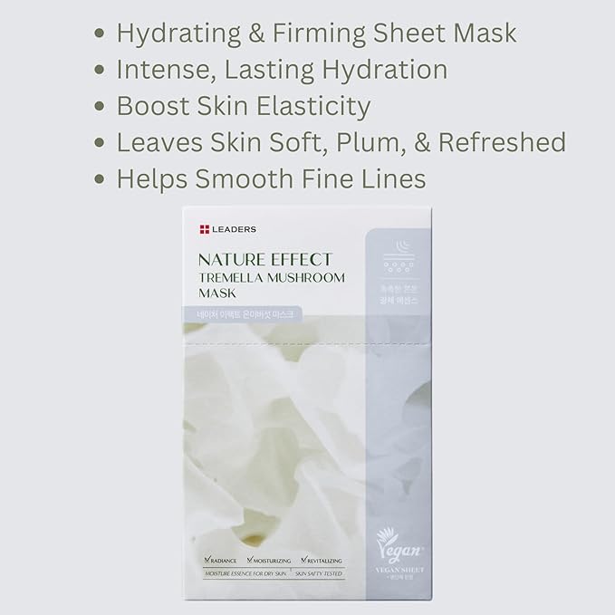 LEADERS Nature Effect Tremella Mushroom Mask - Hydrating & Elasticity Boosting Face Mask with Vegan Collagen, Moisturizing and Heals Dry Skin with Serum Content, Vegan Certified - 10 Sheets