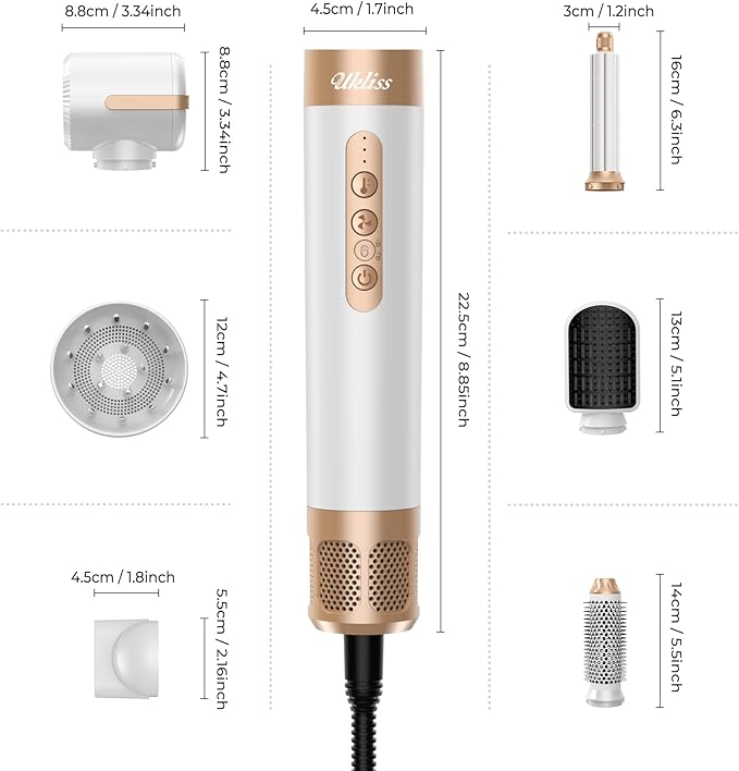 UKLISS Hair Dryer Brush 7 in 1，110000 RPM Hair Dryer with Diffuser for Curly & Twisted Hair Professional Ionic Brush Blow Dryer for Salon-Quality Styling, White Gold