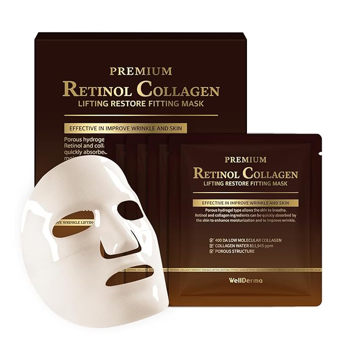 WELLDERMA Retinol Peptide Lifting Restore Hydrogel Fitting Mask, 25g x 4 Sheets – Firming & Hydrating Micro-Hole Sheet Mask with Retinol, Peptide Complex, Collagen Water & Niacinamide