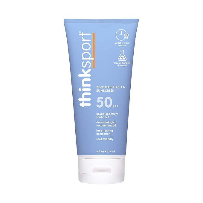 Thinksport SPF 50+ Mineral Sunscreen with Zinc Oxide, 6 Fl Oz – Safe, Natural Sunscreen Lotion for Sports & Active Use, Water Resistant Reef Safe, Broad Spectrum UVA/UVB Sun Screen for Sun Protection