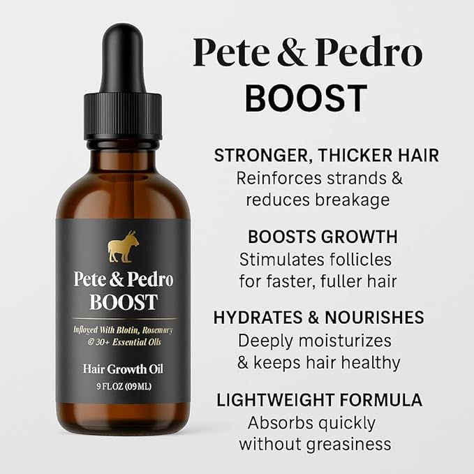 Pete & Pedro BOOST Hair & Beard Strengthening & Growth Natural Scalp Health Serum Oil For Men & Women - With Rosemary, Biotin & 20 plus Essential Oils | Shark Tank Featured, 2 oz.