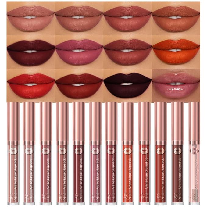 evpct 12Pcs Matte Liquid Lipsticks Set with Moisturize Lip Oil, Maroon Plum Mauve Orange Wine Deep Red Lipstick Long Lasting Waterproof, Non-stick Cup Lip Gloss Kit Pigmented 24 Hours Makeup for Women