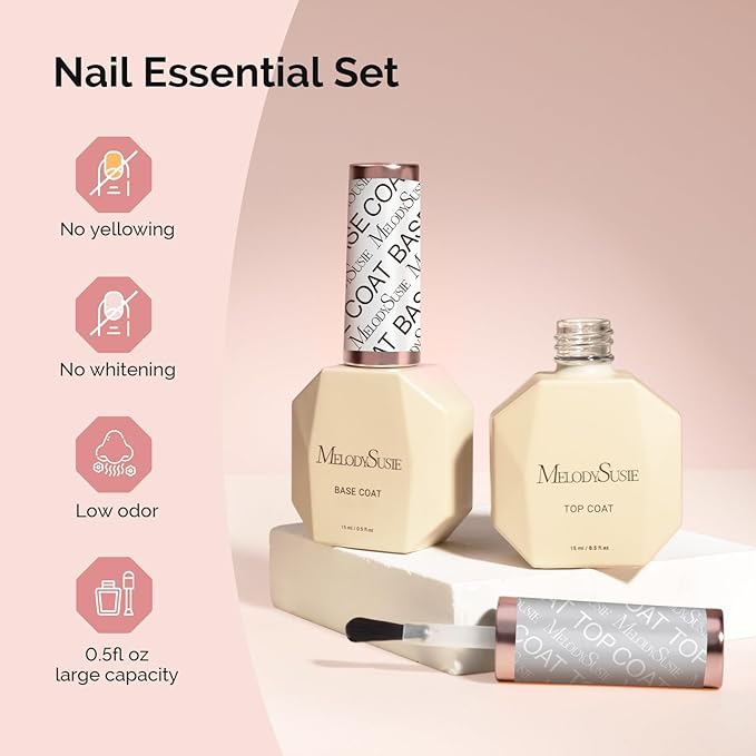 MelodySusie Top Coat Base Coat No Wipe Glossy Set Long Lasting Shine Finish Soak Off UV LED Nail Lamp Nail Polish Art Design Manicure Kit Perfect Gifts for Women Girls 2 Pcs 15ml Clear