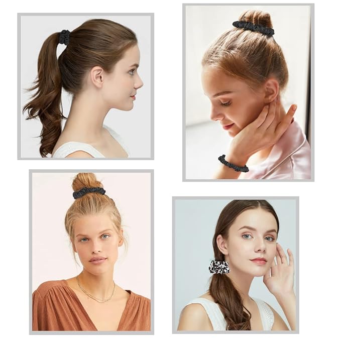 Hair Ties Silk Satin Scrunchies - Small Mini Thin Elestics Ponytail Holder Hair Bands Skinny Scrunchy For Thick Curl Hair No Crease Hair Ties Soft Accessories No Hurt Your Hair for Women and Girls (Basic color)