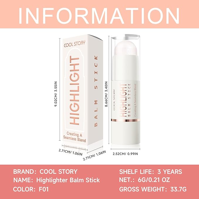 Cool Story 3-in-1 Makeup Set, Highlighter, Blush and Contour Balm Stick, Cream Formula for Face Contouring, Professional Cosmetic Kit (Highlight-F01)