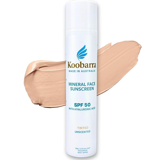 Mineral Face Sunscreen SPF 50, Tinted Aussie Zinc Oxide Sunblock with Hydrating Hyaluronic Acid, Reef Safe, Natural, Vegan, Australian Made, Great for Sensative Skin, Unscented, 100g 3.4oz