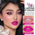 1Pcs 2 in 1 Hot Pink Matte Lip Liner and Liquid Lipstick Stain Makeup Set for women, Hot Pink Long Lasting Smudge Proof Lip Tint Matte Finish Lip Gloss for All-Day Color Hold Easy to Use 59#