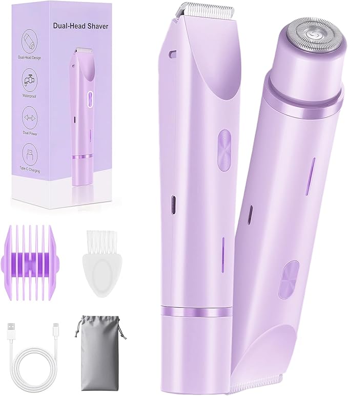 2-in-1 Bikini Trimmer for Women, Bikini Shaver, Dual Head Electric Razor, IPX7 Waterproof Wet/Dry, USB Rechargeable for Pubic/Underarm/Leg, Pink