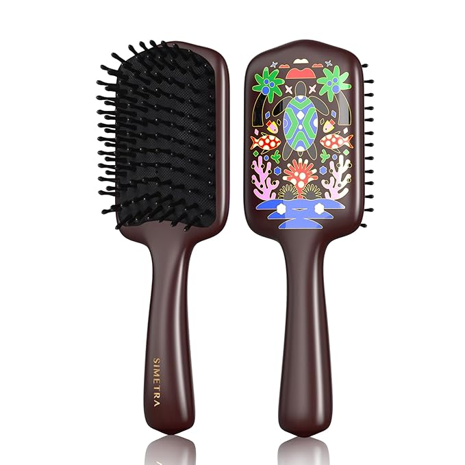 SIMETRA Wooden Paddle Hair Brush Unique Pattern Guinean Ovangkol Hardwood Bristles Hair Brushes for Women Wet Brush Detangling Brush for Scalp Massage for Men Kids for All Hair Types (Turtle)
