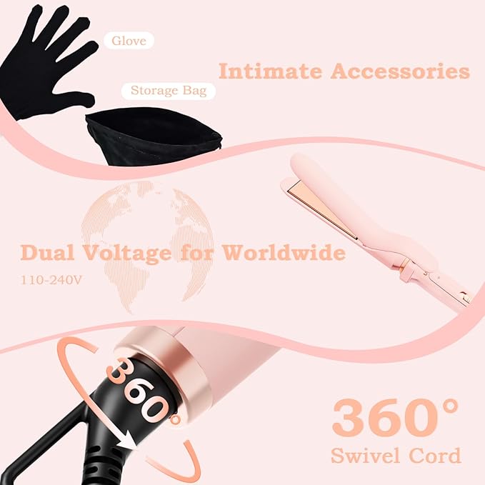 Ufree 5 in 1 Curling Iron with Ceramic Barrels (0.35"-1.25"), Curling Wand Set with Flat Iron Hair Straightener, Instant Heat Up, Dual Voltage Hair Curler, Gifts for Women, Pink