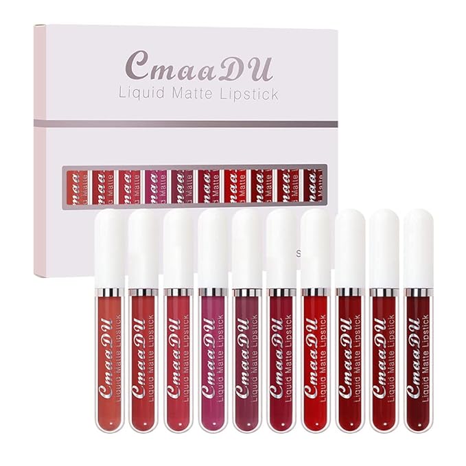 evpct 10Pcs Liquid Matte Matt Lipstick Set for Black Women, Dark Deep Bright Ruby Sexy Brick Mauve Plum Red Violet Purple Matte Lipstick Long Lasting Lipstick 24 hour Waterproof Lip Gloss