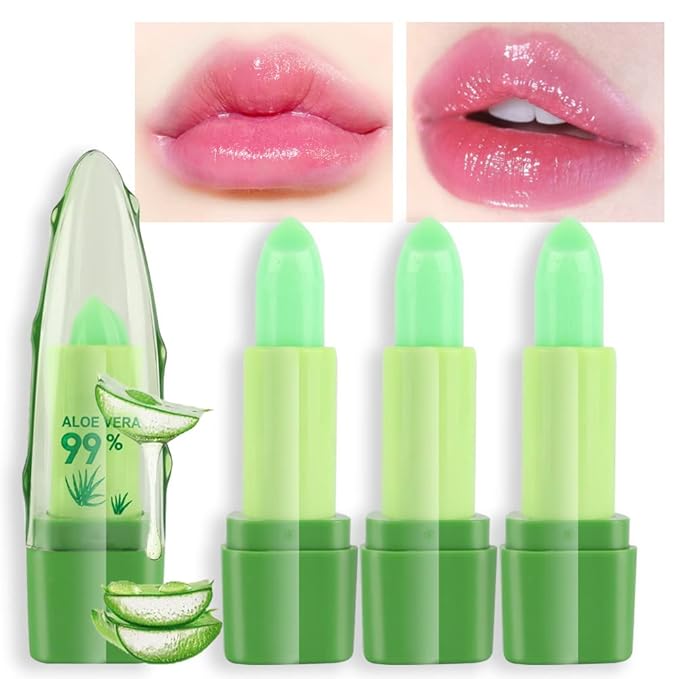 BINGBRUSH Aloe Vera Color Changing Green Lipstick Queen, Long Lasting Lip Care Nutritious Lip Balm Moisturizer Magic PH Lipstick Temperature Change Lip Gloss Makeup Set for Women (3Pcs Aloe Vera)