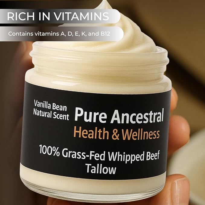 Pure Ancestral Health & Wellness 100% Grass Fed Beef Tallow for Skin Care - Face + Body - Whipped Moisturizer for Sensitive Skin - Natural Lotion | Large 9 Oz Jar. (Vanilla Scented)