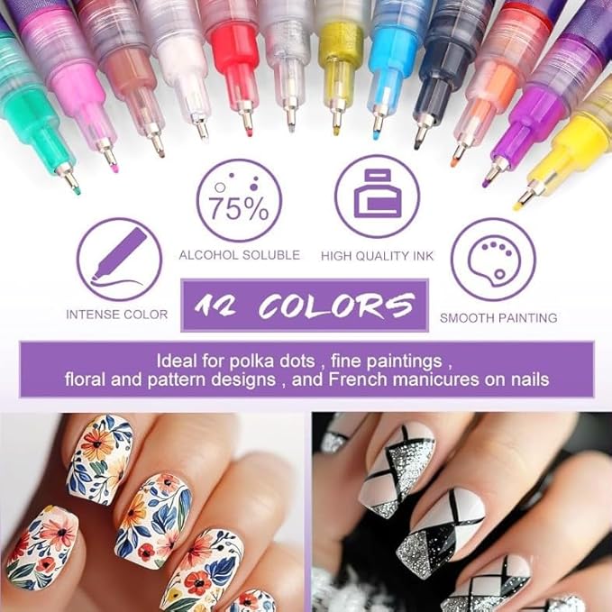 12 Colors Nail Art Pens Set,DIY Nail Art Markers 0.5mm Nail Polish Pens Quick Dry,Nail Art Pens for Painting Graffiti Manicure Home Salon,2 Set