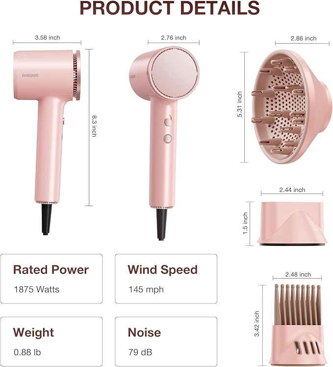 High-Speed Hair Dryer 1875W Ionic & Plasma, Blow Dryer with Diffuser & Comb Nozzle for Curly or Thick Hair, Compact 110000 RPM Fast Drying Lightweight Hair Dryer for Women with Concentrator, Pink