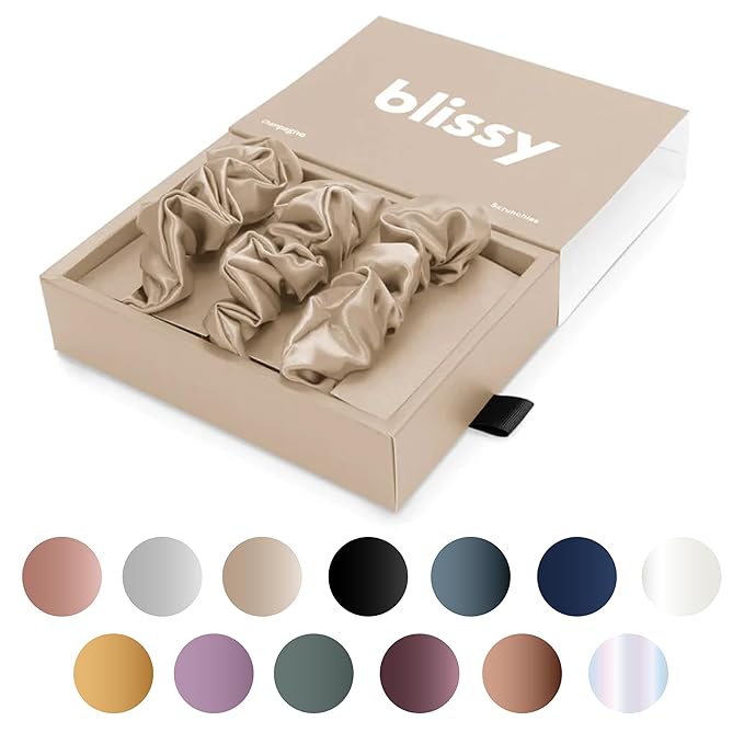 Blissy Silk Scrunchies (3 Pack) - 100% Pure Mulberry Silk - 22 Momme 6A High-Grade Fibers Scrunchie for Straight & Curly Hair - Preventing Breakage, Tangling, & Creasing (Champagne Regular)