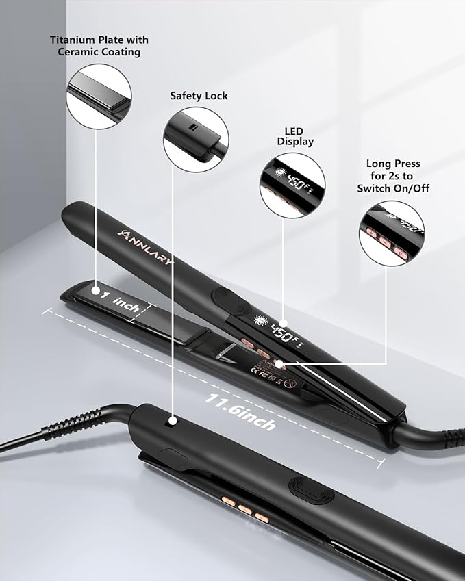 Hair Straightener 1 Inch Flat Iron and Curler 2 in 1 Titanium Ceramic Ionic Dual Voltage Straightener with Heat-Resistant Silicone, for Less Frizz, Shinier & Smoother