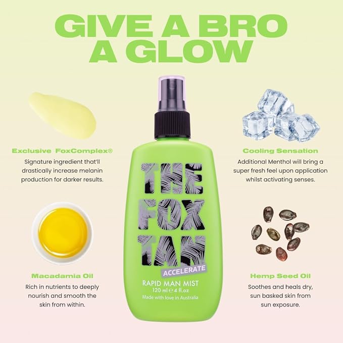 The Fox Tan Rapid Man Mist, Tanning Accelerator For Darker & Faster Tans, Creates Flawless Tan Skin For Men & Women, Vegan & Cruelty Free, 120mL