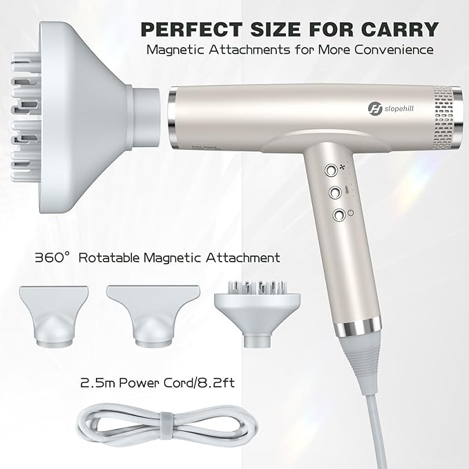 slopehill Professional Hair Dryer with Diffuser, Ionic Hair Dryer,Lightweight Compact Powerful & Fast Salon Blow Dryer with High Speed Brushless Motor, Travel Hairdryer, Women & Men (Ceramic, Stone)