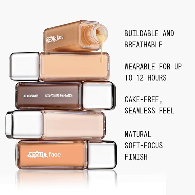 about-face THE PERFORMER Skin-Focused Foundation F1Neutral – Medium Coverage, Long-Wear, Breathable & Buildable Base – Clean, Vegan, Hydrating Formula with Blue Agave & Chlorella – 1.08oz