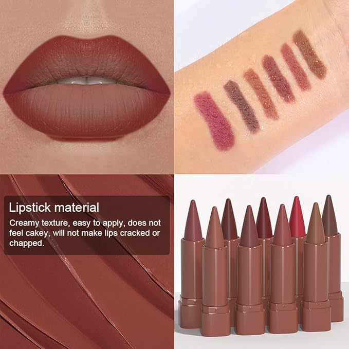 evpct 3Pcs Red Reddish Nude Brown Gradient Matte Lipstick Lip Liner Crayon Combo Pencil Set for Women Long Lasting Waterproof, Cream Lip Liner and Lipstick Combo Makeup，Flawless Gradual Ombre Effect