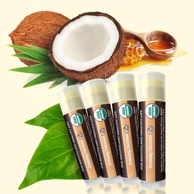 Earth's Daughter USDA Organic Lip Balm Stocking Stuffers 4-Pack Creamy Coconut Flavor - Beeswax, Coconut Oil, Vitamin E - Best Lip Repair Chapstick for Dry Cracked Lips