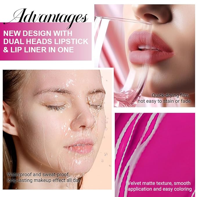 evpct 1Pcs Fuchsia Red Matte Lip Liner & Liquid Lipstick Stain Makeup Set for Women, Fuchsia Lip Liner Stain Long Lasting Waterproof Smudge Proof, Cruelty Free Lip Stick Makeup 24 hours originales, 60