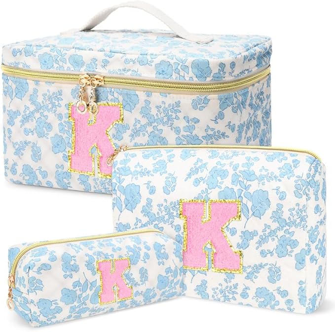 3 PCS Travel Makeup Bag Set, A–Z Initials Cotton Quilted Cosmetic Bag for Women & Preppy, Personalized Toiletry Bag Travel Accessories Makeup Brushes Organizer, Valentine’s Day & Birthday Gift for Her
