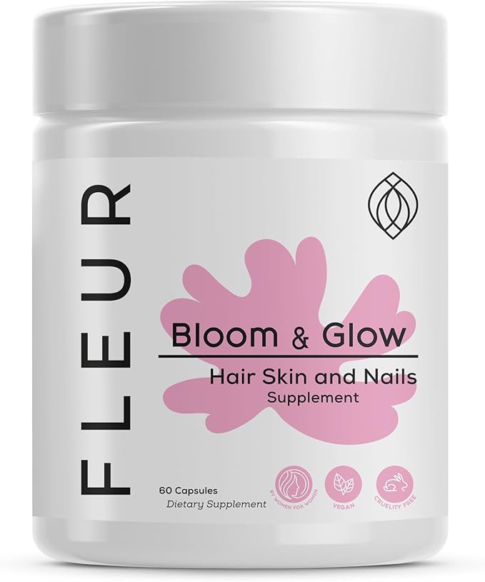 FLEUR Bloom & Glow Hair Skin and Nails Gummies, Hair Growth Supplement with Biotin & Inositol, Antioxidant Rich Vitamin A, C & E for Skin and Nail Repair, Sugar-Free, 60 Vegan Gummies