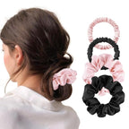 4Pcs Satin Silk Scrunchies for Women, Satin Hair Ties No Damage 2 Big & 2 Small, Soft Non-Slip Scrunchie (Fashion Black & Pink)