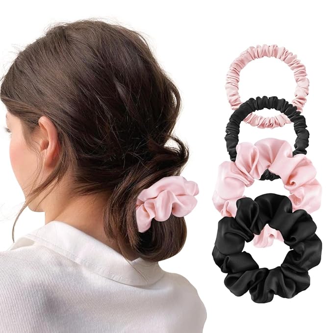 4Pcs Satin Silk Scrunchies for Women, Satin Hair Ties No Damage 2 Big & 2 Small, Soft Non-Slip Scrunchie (Fashion Black & Pink)