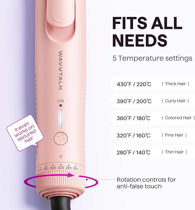 Wavytalk Airflow Styler Curling Iron, Cool Curl, 360° Cool Air Lock in Style for Lasting Curls, Reduces Damage, 2 in 1 Hair Straightener and Curler, 1.25 Inch Anti-Scald for Short Long Hair, Pink