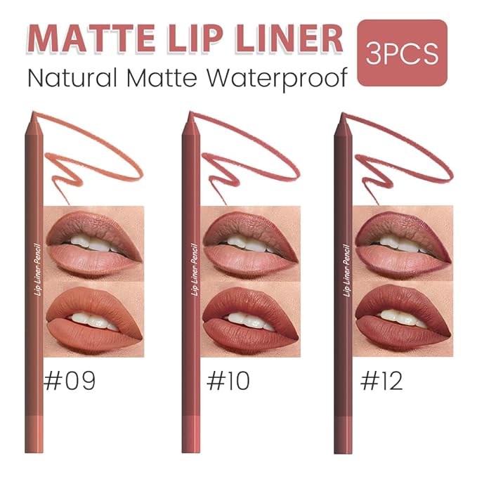 evpct 3Pcs Orange Reddish Brown Chestnut Matte Long Lasting Wear Lip Liner Pencils Makeup Set for Shaping & Sculpting Lips, No Transfer Waterproof Lip Liner Crayon lipliners Lipstick Pencil 9+10+12