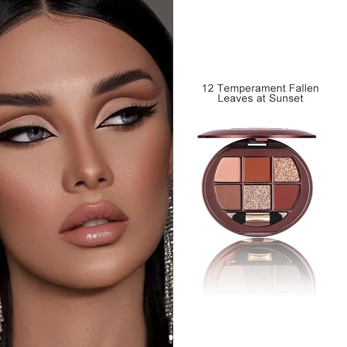 6 Colors Shimmer Eyeshadow Palette with Mirror Neutral Nude Eye Shadow Matte & Glitter Shades Highly Pigmented Blendable Waterproof Long-Lasting Natural Smokey Eye Makeup Palette for Women 12#