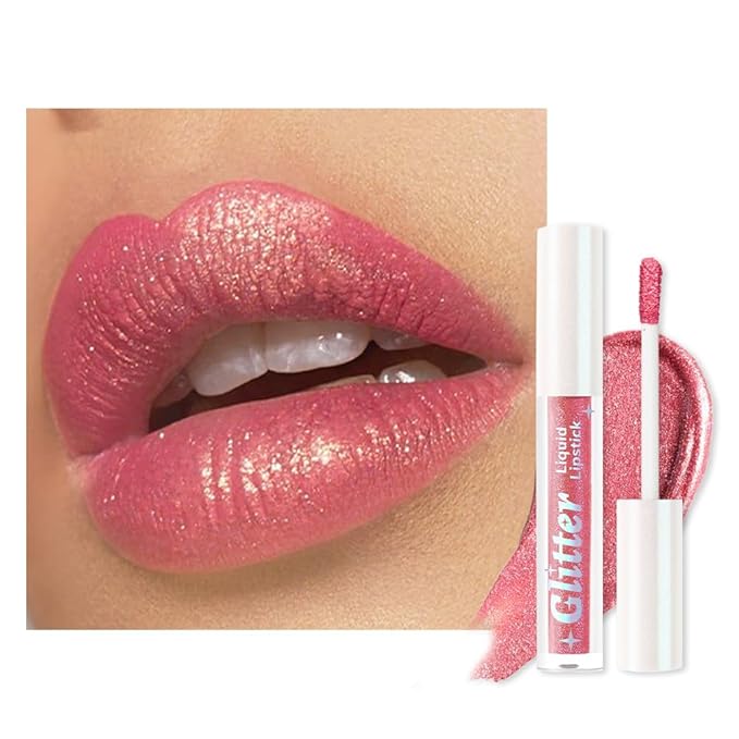AMY'S DIARY Glitter Liquid Lipstick, Shimmer Metallic Lip Gloss, Long-Lasting Waterproof Lip Color, High Shine Sparkle Makeup,Lip makeup for woman (Rose Gold Shimmer#1)
