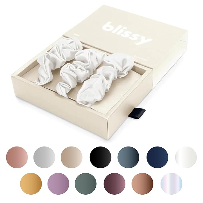 Blissy Silk Scrunchies (3 Pack) - 100% Pure Mulberry Silk - 22 Momme 6A High-Grade Fibers Scrunchie for Straight & Curly Hair - Preventing Breakage, Tangling, & Creasing (White Skinny)
